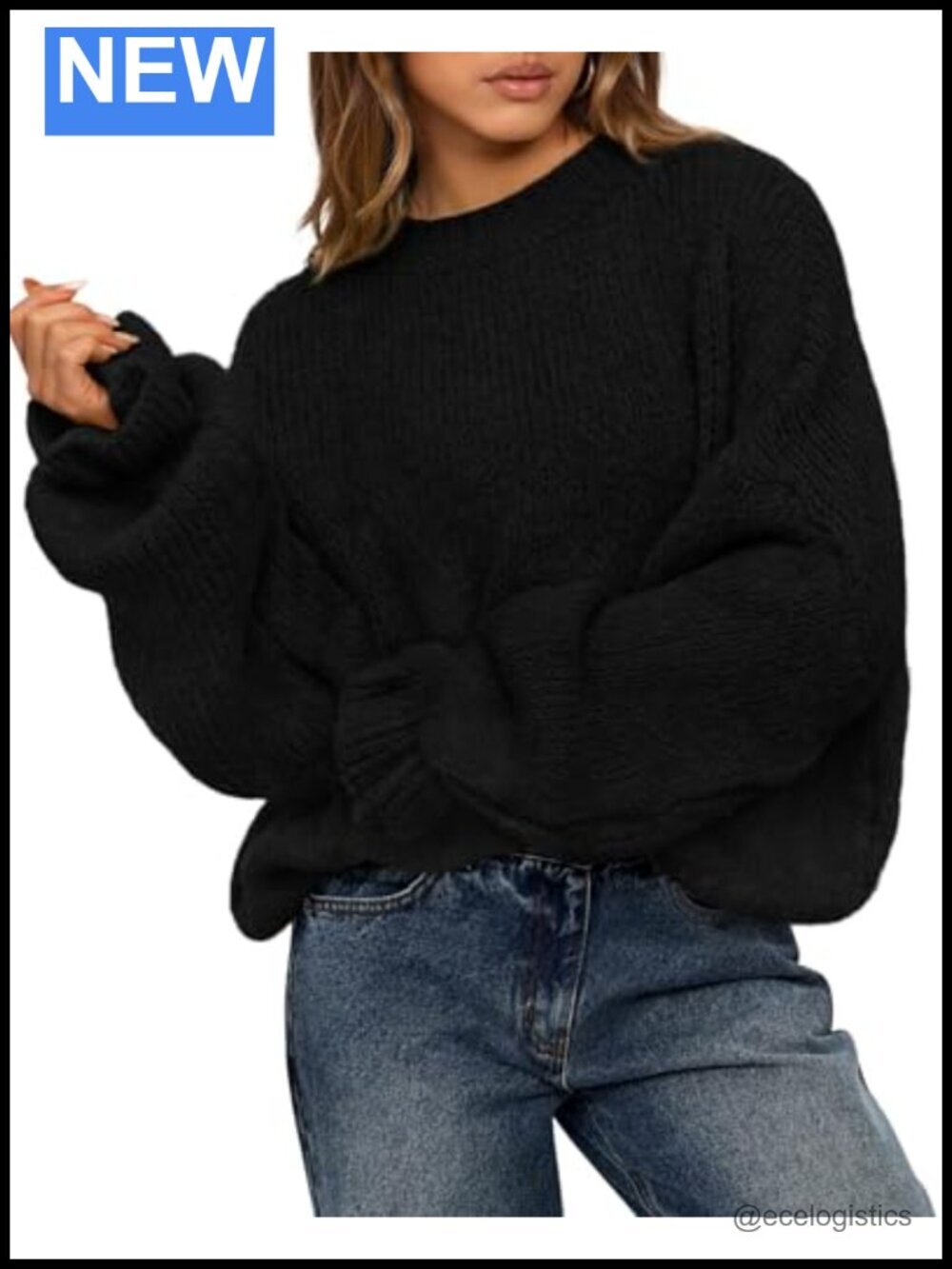 Oversized Crew Neck Lantern Sleeve Pullover Sweater, Chunky Knit Loose Fit,